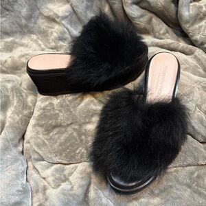 Taryn Rose Black Faux Fur Mules size 6
